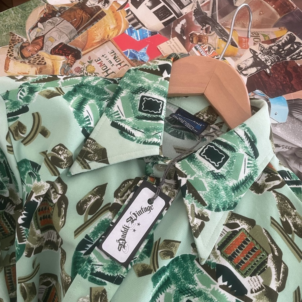 VNTG RETRO '70S WONDERKNIT L/S Brown & Celery-Green Button-Down
